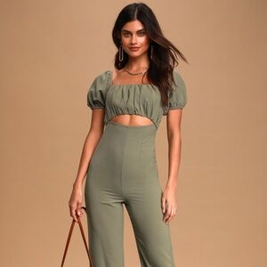 Lulus Room For Love Sage Green Puff Sleeve Cutout Jumpsuit - Size M
